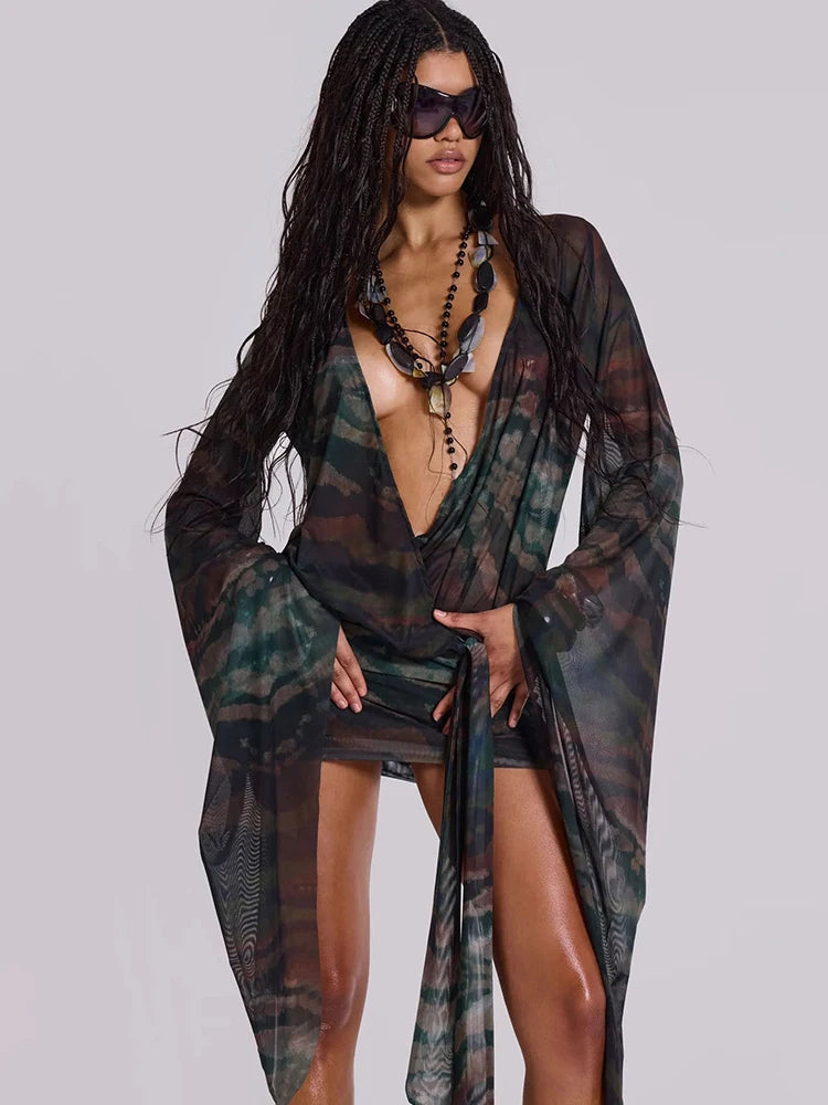 Nibber Sexy See Through Tie-Dye Dress Women Deep V-Neck Lace-Up Backless Loose Full Sleeve Summer Party Coquette Mini Bodycon Aviola