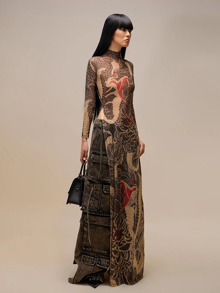 Nibber See Through Blouse Women Snake Print Half-High Neck Long Sleeves High Slits High Elasticity Street Skinny Trend Long Tops Aviola