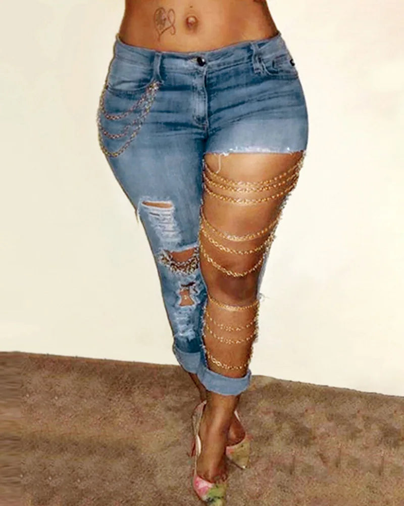 Women Jeans Pencil Pants Denim Sexy Big Holes Chain Washing Slim Pockets Streetwear Spring 2024 Slight Strech Solid Color Aviola