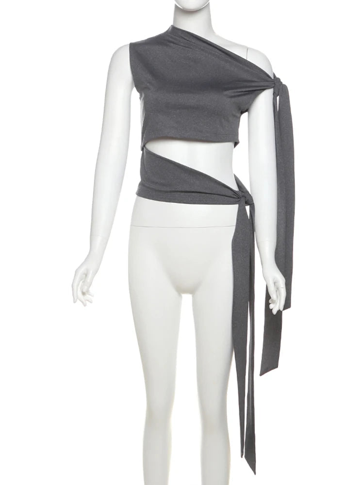 Nibber Hottie Hollow Bandage Tank Tops Women Ribbon One Shoulder Solid Summer Trend Wild Midnight Club Skinny Irregular Vest Aviola