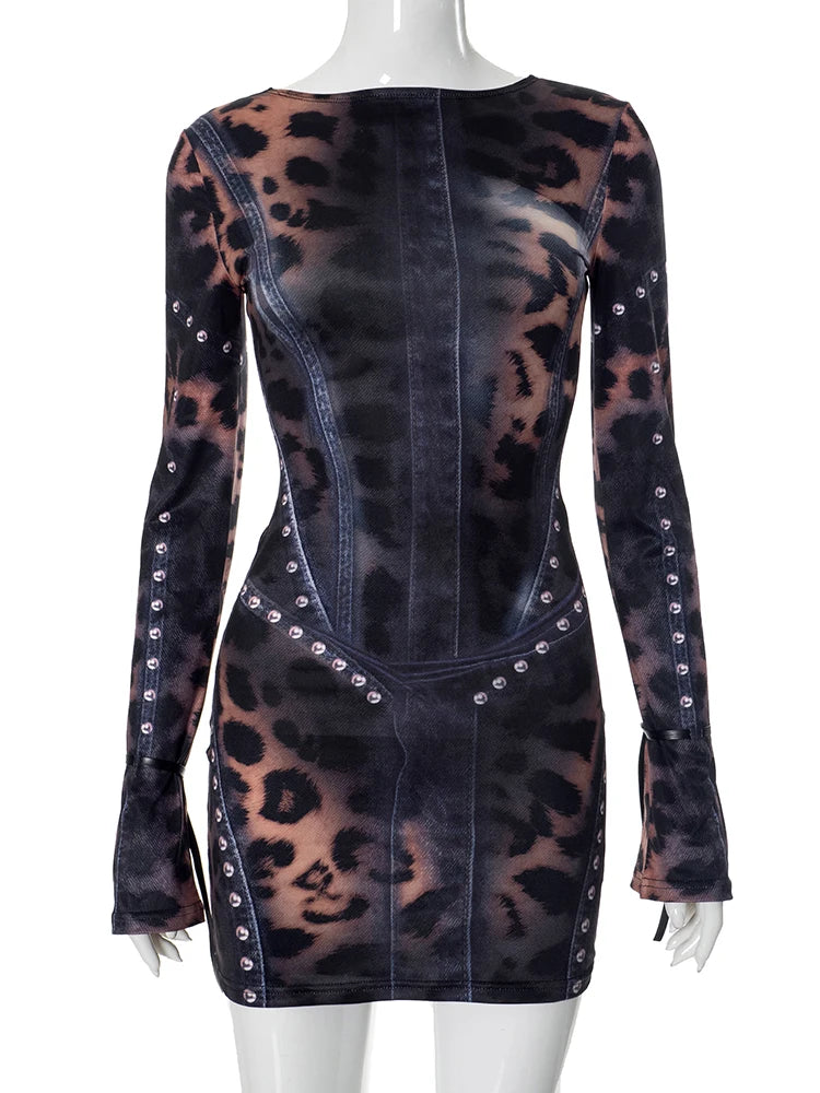 Nibber Leopard Print Women Dress Rivet Frenulum Gradient Long Sleeves Skinny Midnight American Retro Rock Style Mini Bodycon Aviola