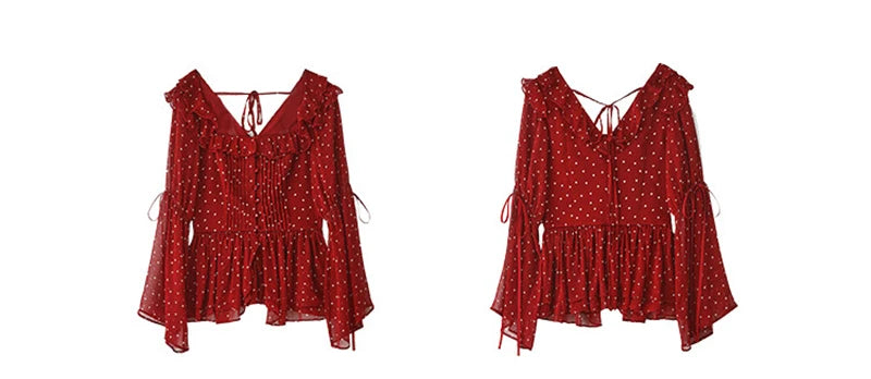 MEXZT Vintage Polka Dots Shirts Women Elegant Red Ruffles Lace Up Blouses Summer Korean Square Collar Long Sleeve Design Tops Aviola