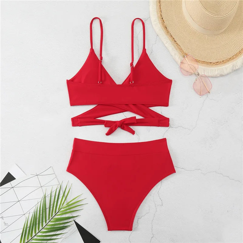 2025 New Sexy High Waist Two-piece Bikini Women's Solid Swimsuit Hollow Sling Backless Swimwear Tight Cross Gathered Beachwear Aviola