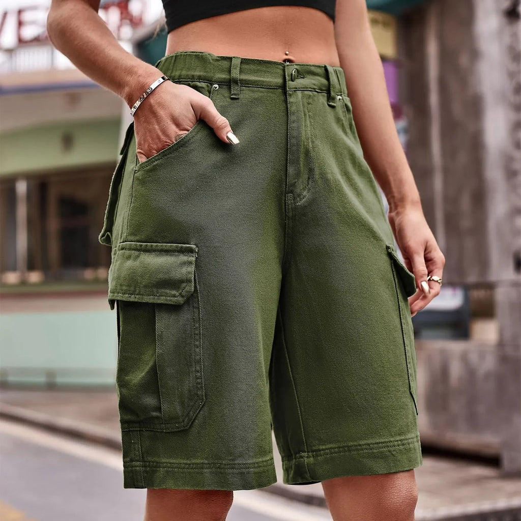 Mom Jeans Women Knee Length Cargo Pants Vintage Multiple Pockets Elastic Waist Female Streetwear Straight Party Denim Party 2025 Aviola