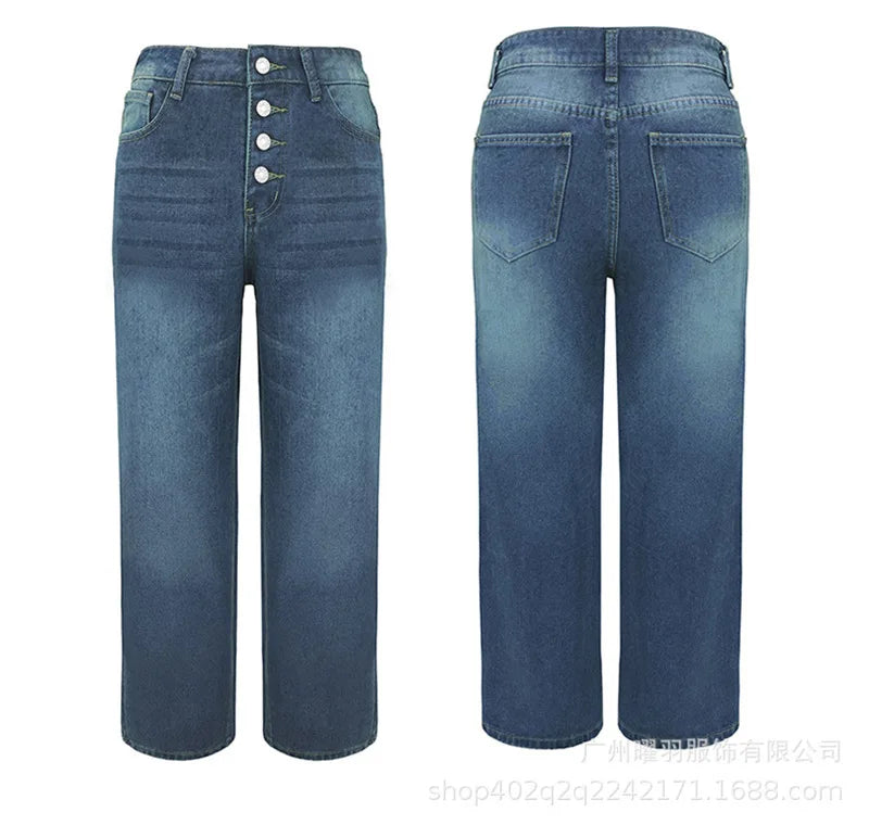 Women Jeans Solid Color Straight Pants Zipper Fly Flat Pockets Streetwear Loose Fit Mid Waist Patchwork Button Autumn 2023 Aviola