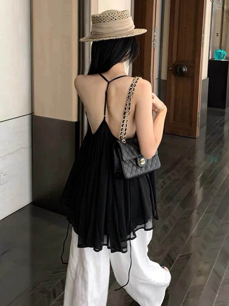 Nibber Backless Dress Women Low-Neck Folds Sleeveless Mesh Solid Summer Fashion Beach Party Vacation Simple Sexy Mini Bodycon Aviola