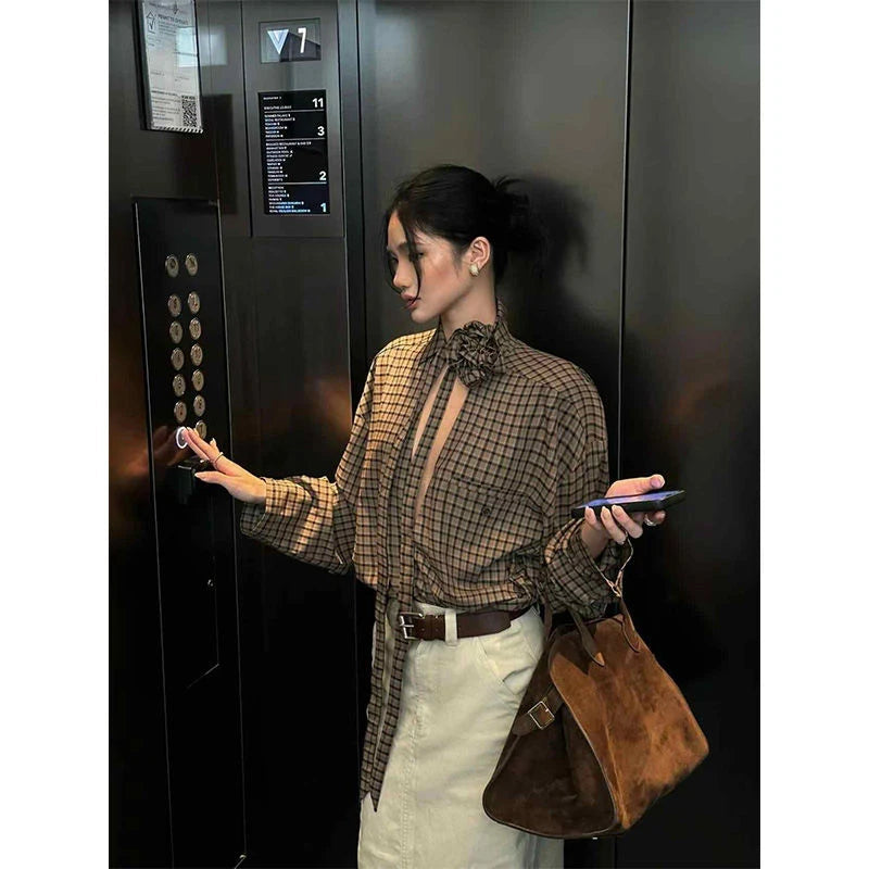 MEXZT Y2K Hollow Out Plaid Shirts Women Vintage Streetwear 3D Floral Lace Up Blouses Harajuku Long Sleeve Loose Design Tops New Aviola