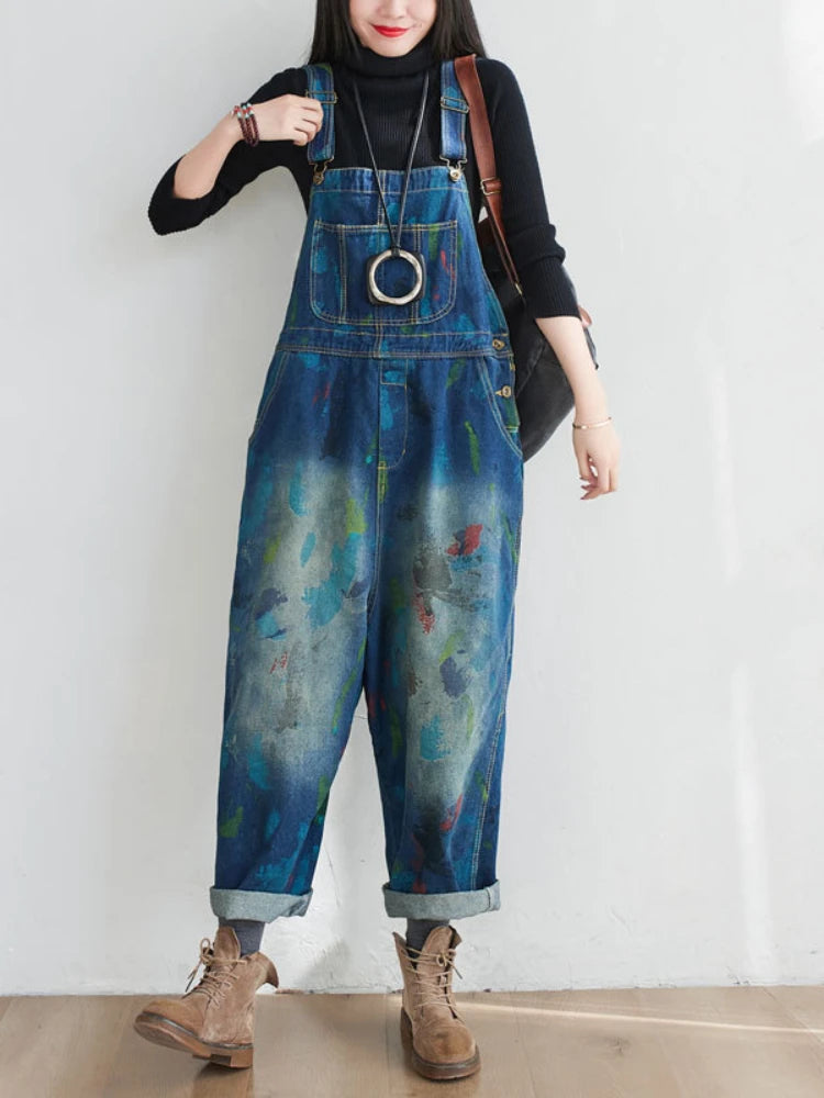 Washed Print Overalls Distressed Women Wide Leg Denim Pants Ankle Length Jean Loose Vintage Jeans Spliced One Piece Casual Aviola