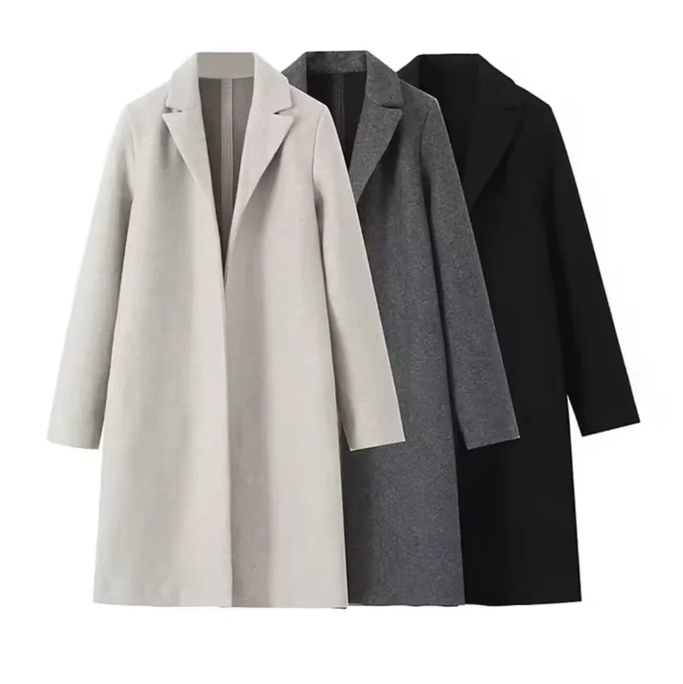 RARF Women Woolen coat Fashion Solid Open Stitch Long Trench Coats Vintage V-Neck Full Sleeves Female Chic Lady Outfits Aviola