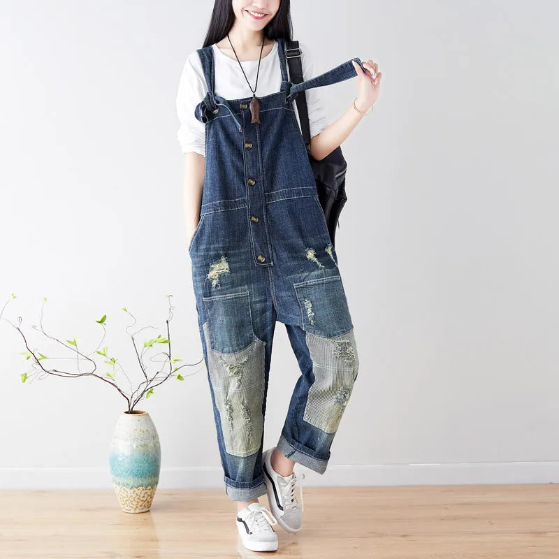 Women Jean Ripped Hole Overalls Ankle Length Denim Pants One Piece Distressed Jeans High Street Spliced Loose Washed Vintage Aviola