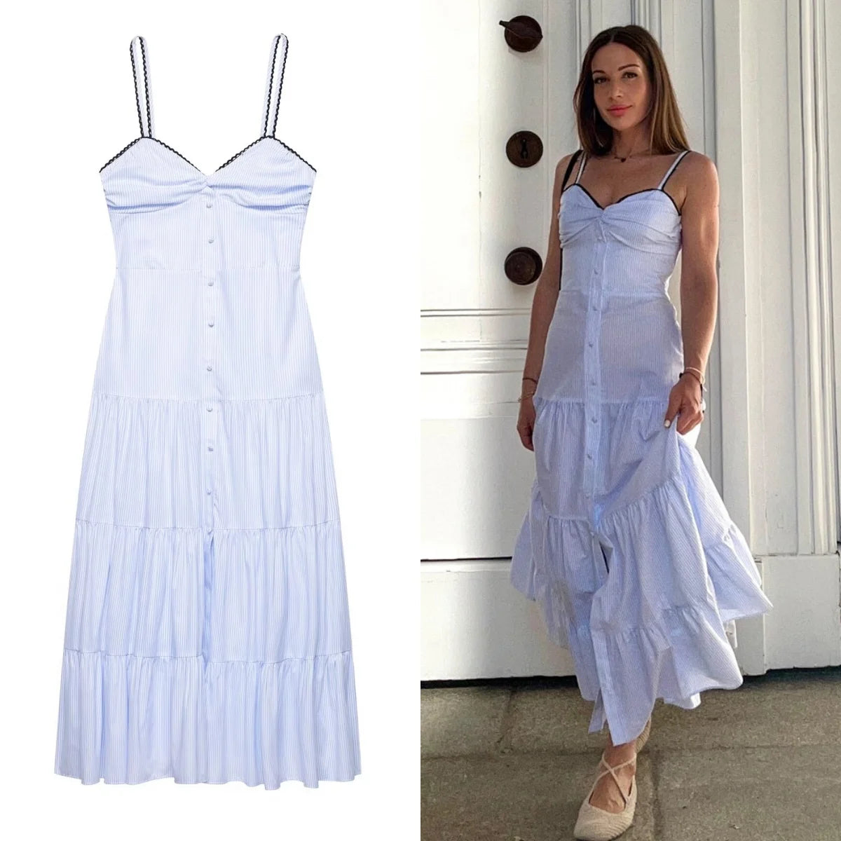 UNIZERA Pleated contrast lace trim striped suspender dress 2025 summer new arrivals women's casual loose midi dress Aviola