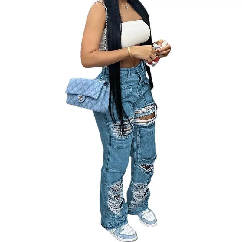 Women Jeans Denim Patchwork Straight Pants Holes Distressed Pockets Washing High Street Low Waist Zipper Fly Flat Winter Aviola