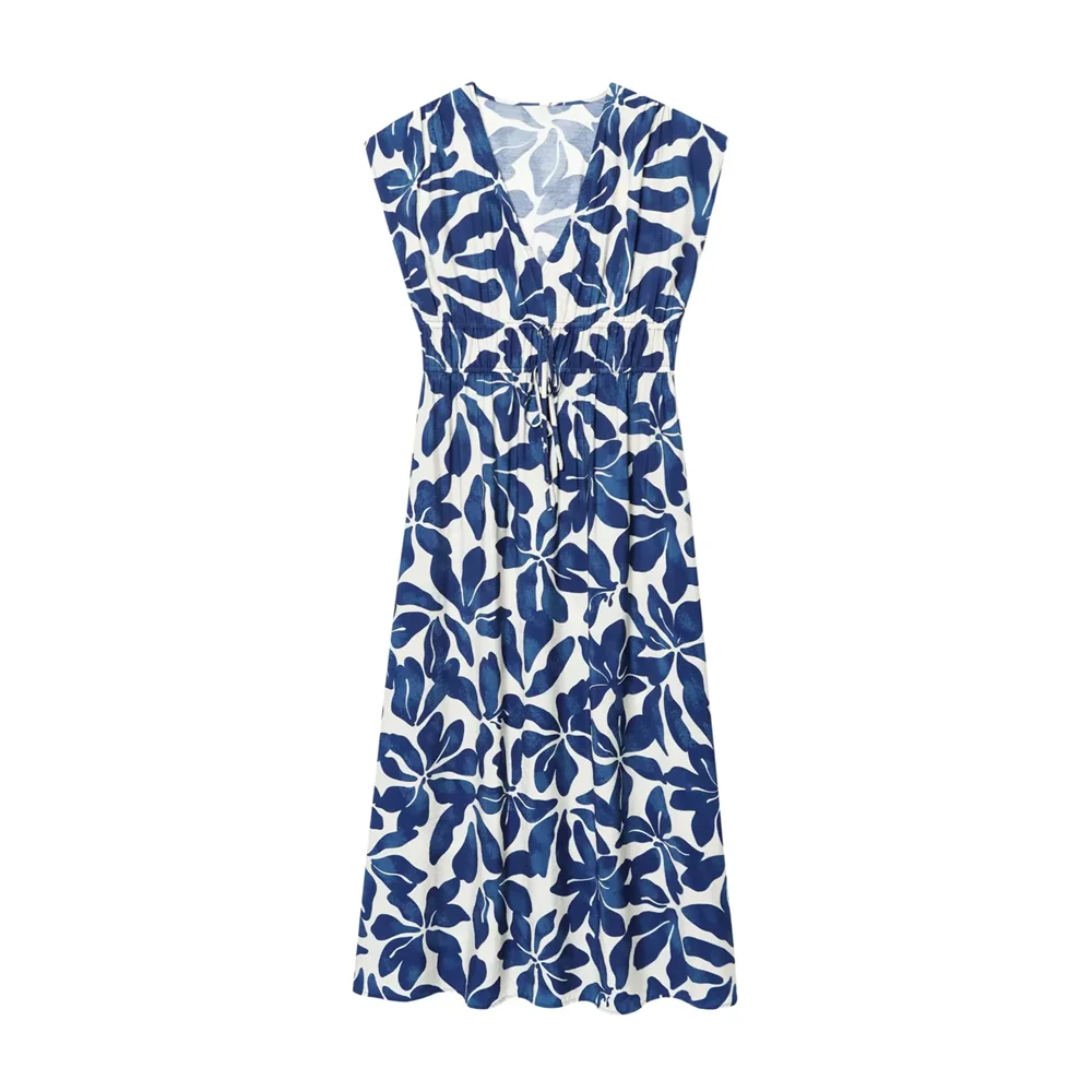 BM&MD&ZA2025niche temperament V-neck sleeveless pleated waist design flower print dress summer new women's clothing Aviola