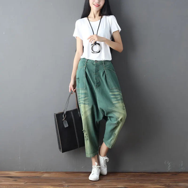 Denim Pant Women Jeans Calf Length Pants High Waist Straight Trousers Y2k Streetwear Elegant Mom Jeans Casual Hole Loose 2025 Aviola