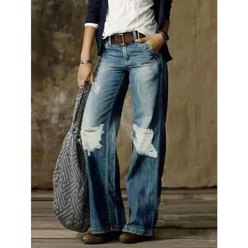 Women Jeans Wide Leg Pants Ankle Length Washing Denim Distressed Pockets High Waist Casual Loose Solid Spliced Summer 2024 Aviola