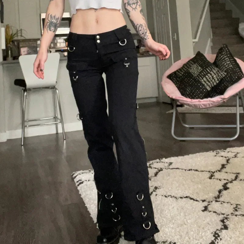 Low Waist Jeans Women Denim Straight Flare Pants Vintage Pockets Zipper Denim Punk 2025 Autumn Streetwear Ankle Length Trousers Aviola