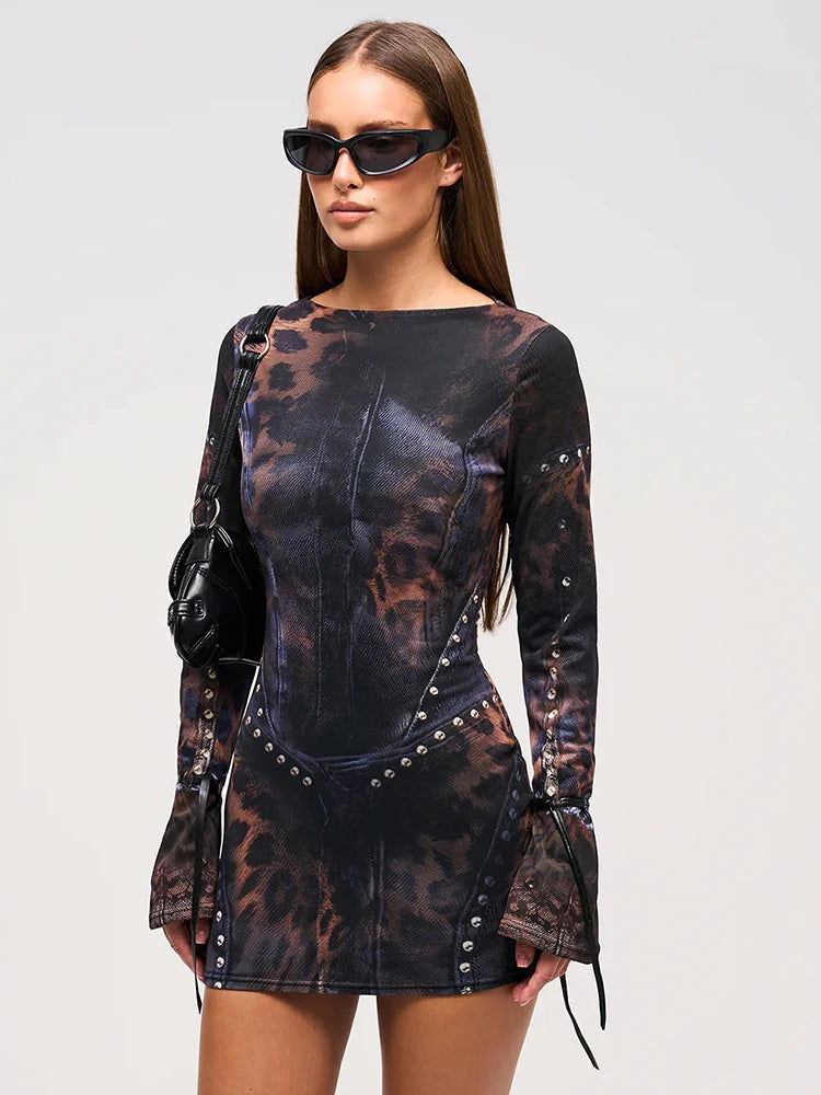 Nibber Leopard Print Women Dress Rivet Frenulum Gradient Long Sleeves Skinny Midnight American Retro Rock Style Mini Bodycon Aviola