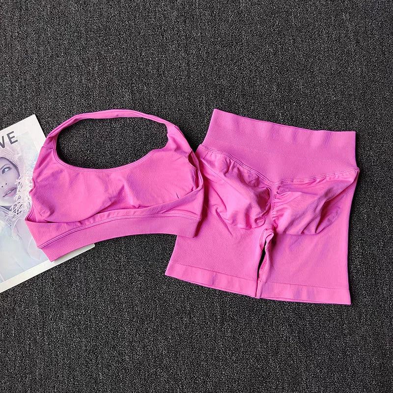 2 Pieces Yoga Suit for Women Seamless Fitness Gym Clothes Halter Sports Bra Matching Impact Shorts Workout Sets Gym Outfit Aviola