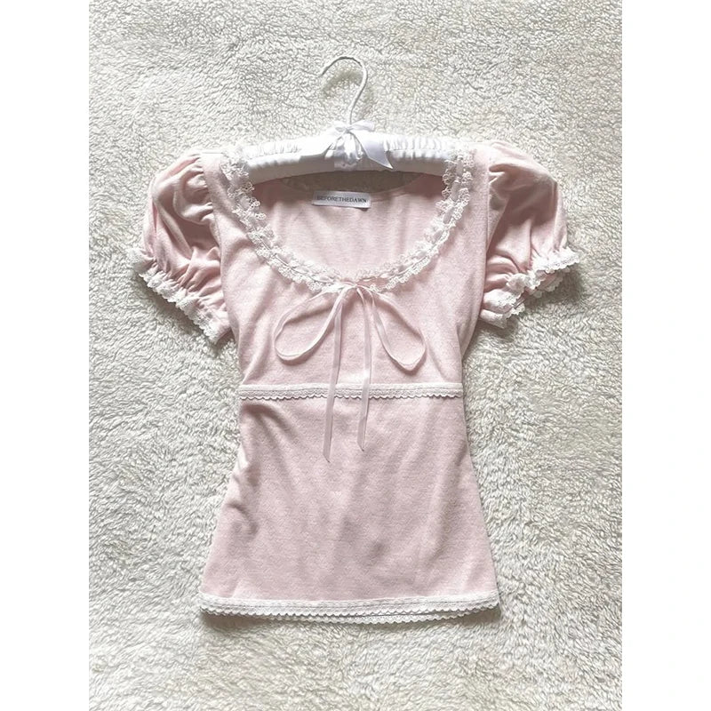 MEXZT Kawaii Pink T Shirt Women Japanese Cute Bow Lace Up Tops Summer Y2K Korean Fashion Lace Patchwork Puff Short Sleeve Tees Aviola