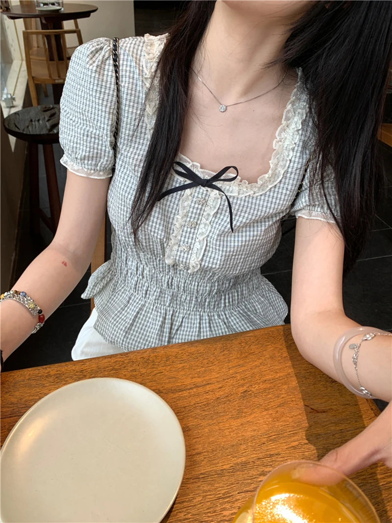 MEXZT Vintage Plaid Shirts Women Japanese Harajuku Bow Lace Patchwork Blouses Summer Kawaii Cute Puff Short Sleeve Casual Tops Aviola