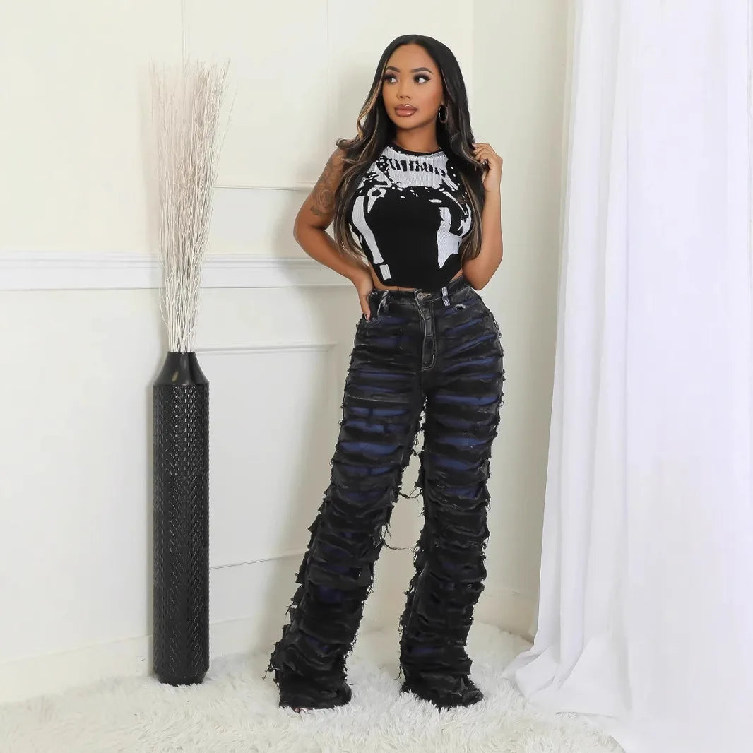 Vintage Jeans Straight Pants Women Double Hole Denim Trousers Streetwear High Waist Stretch Punk Gothic Y2k 2025 Floor Length Aviola
