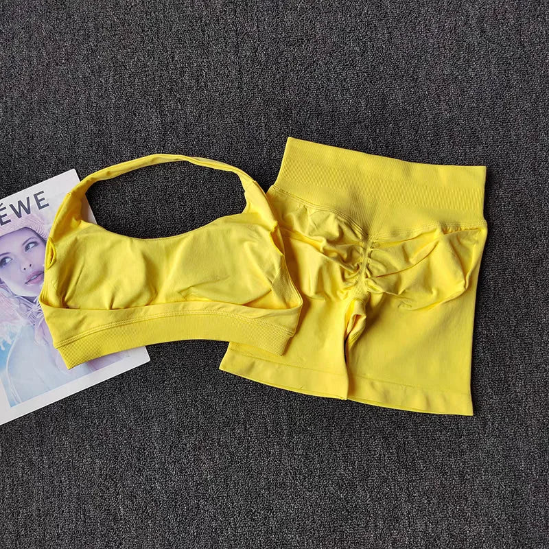 2 Pieces Yoga Suit for Women Seamless Fitness Gym Clothes Halter Sports Bra Matching Impact Shorts Workout Sets Gym Outfit Aviola