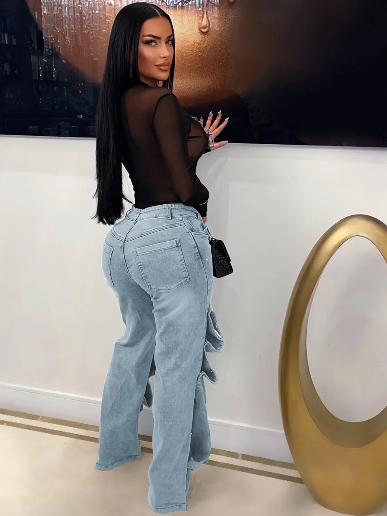 Jeans Denim Pants Women Straight Button Pockets High Waist Mom Floor Length Washed Distressed Strech Trousers 2025 Streetwear Aviola