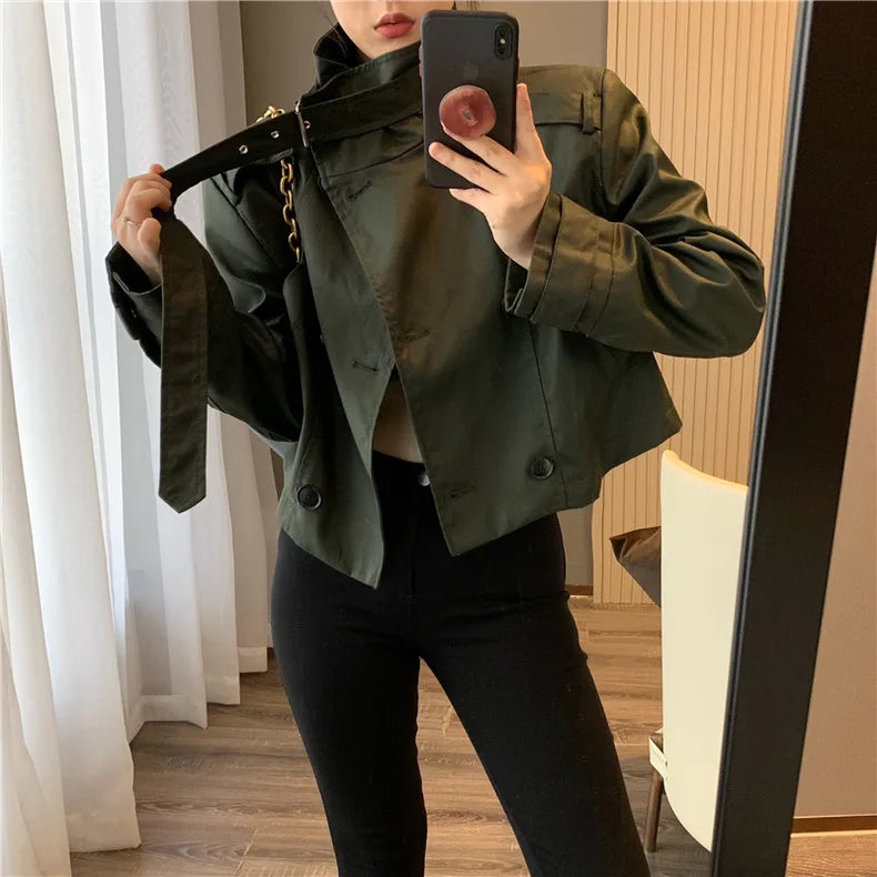 RARF 2024 autumn new women's fashion pocket double breasted waxed leather short trench coat women's top coat Aviola