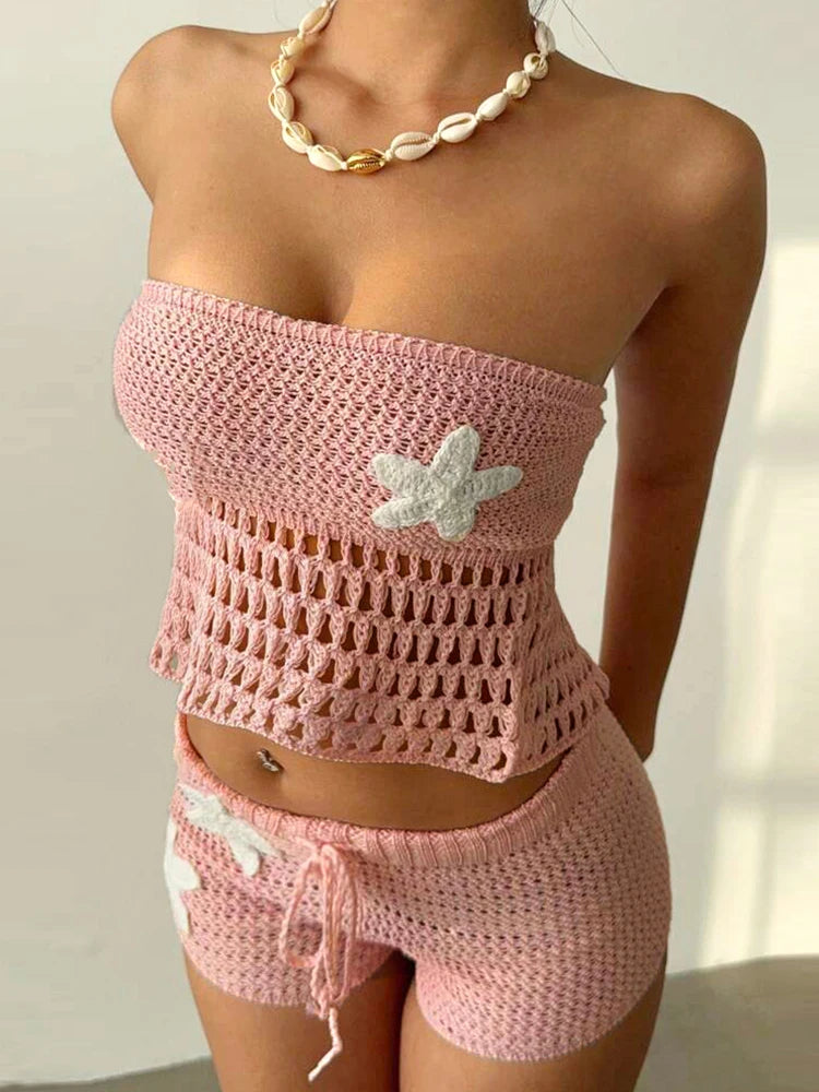 Nibber Summer Crochet Women 2 Piece Set Sexy Applique Hollow Beach Back Bandage Strapless Tops+Shorts Midnight Vacation Clubwear Aviola