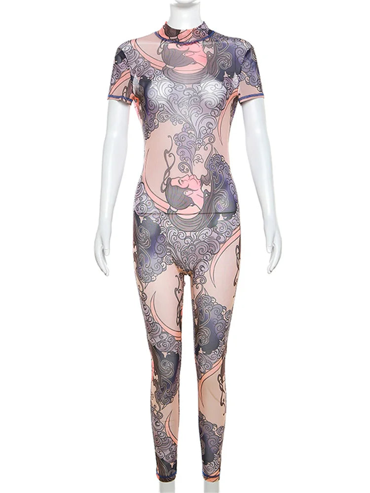 NIBBER Summer Women Round Neck Fashion Printing Short Sleeve Jumpsuit Body Shaper Jumpsuit Street Casual Spice Girl Clothing Aviola