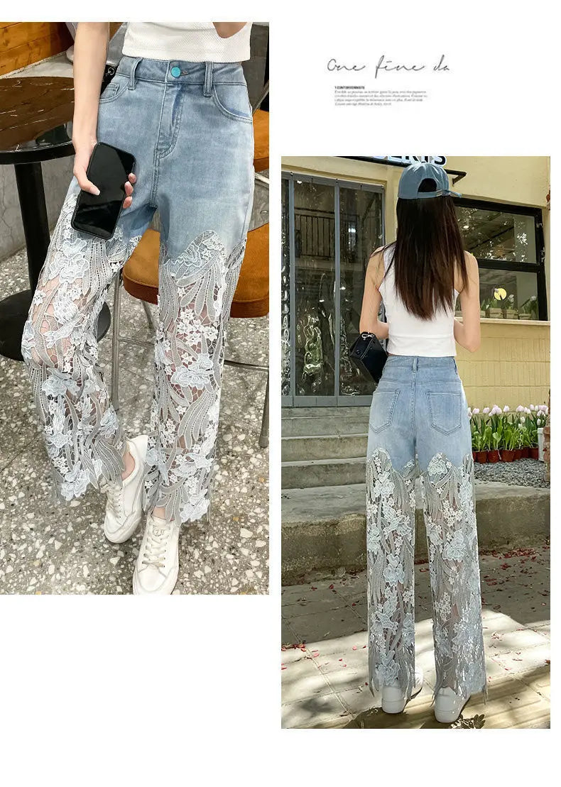 Denim Pant Women Jeans Hollow Out Floral Long Pants Slim Lace High Waist Straight Trousers Y2k Streetwear Splice Mom Party Club Aviola