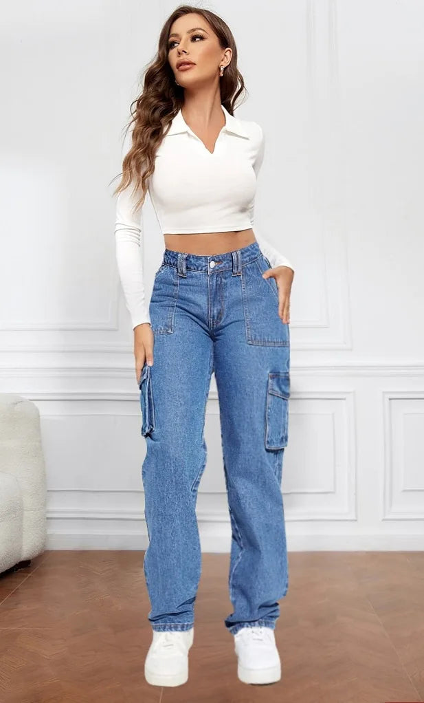 Denim Pant Women Mom Jeans Long Pants Mid Waist Straight Trousers Y2k Streetwear Elegant Splice Slim Fit Work Pocket Casual Aviola
