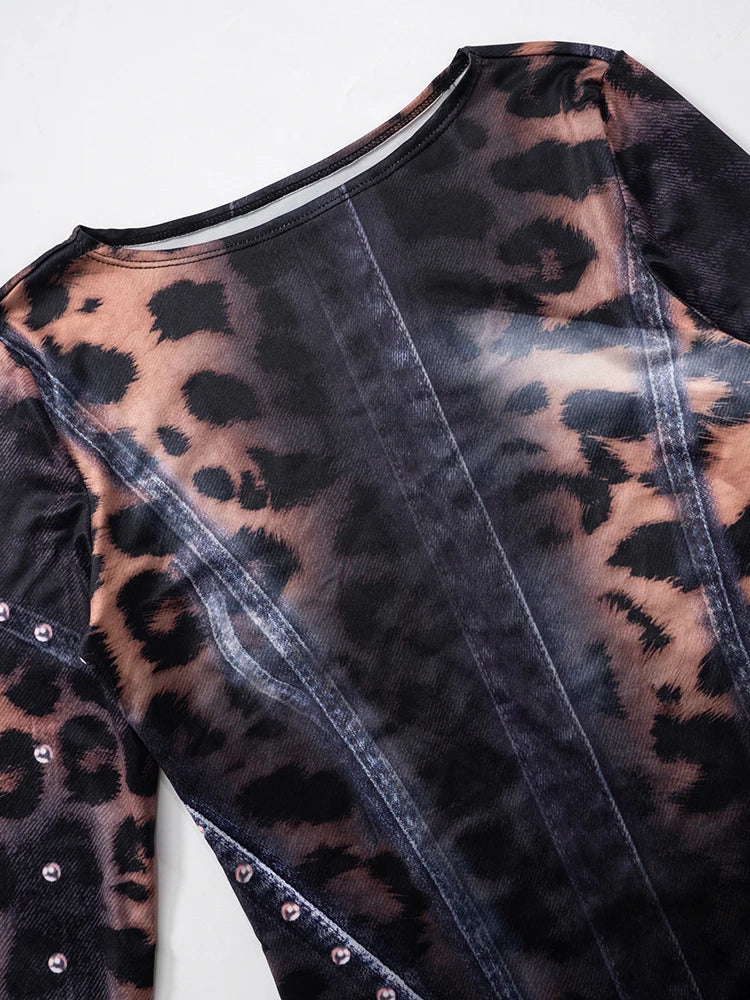 Nibber Leopard Print Women Dress Rivet Frenulum Gradient Long Sleeves Skinny Midnight American Retro Rock Style Mini Bodycon Aviola
