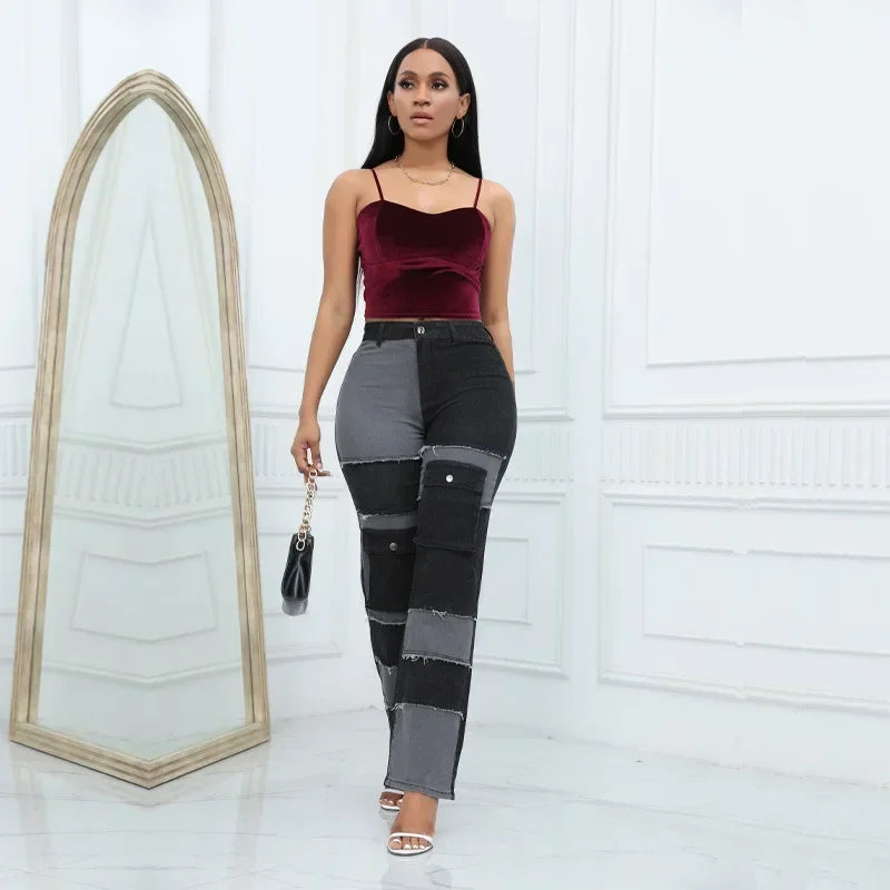 Women Straight Jeans Denim Wide Leg Pants Patchwork High Waist Pockets Button 2025 Autumn Vintage Trousers Strecth Denims Aviola
