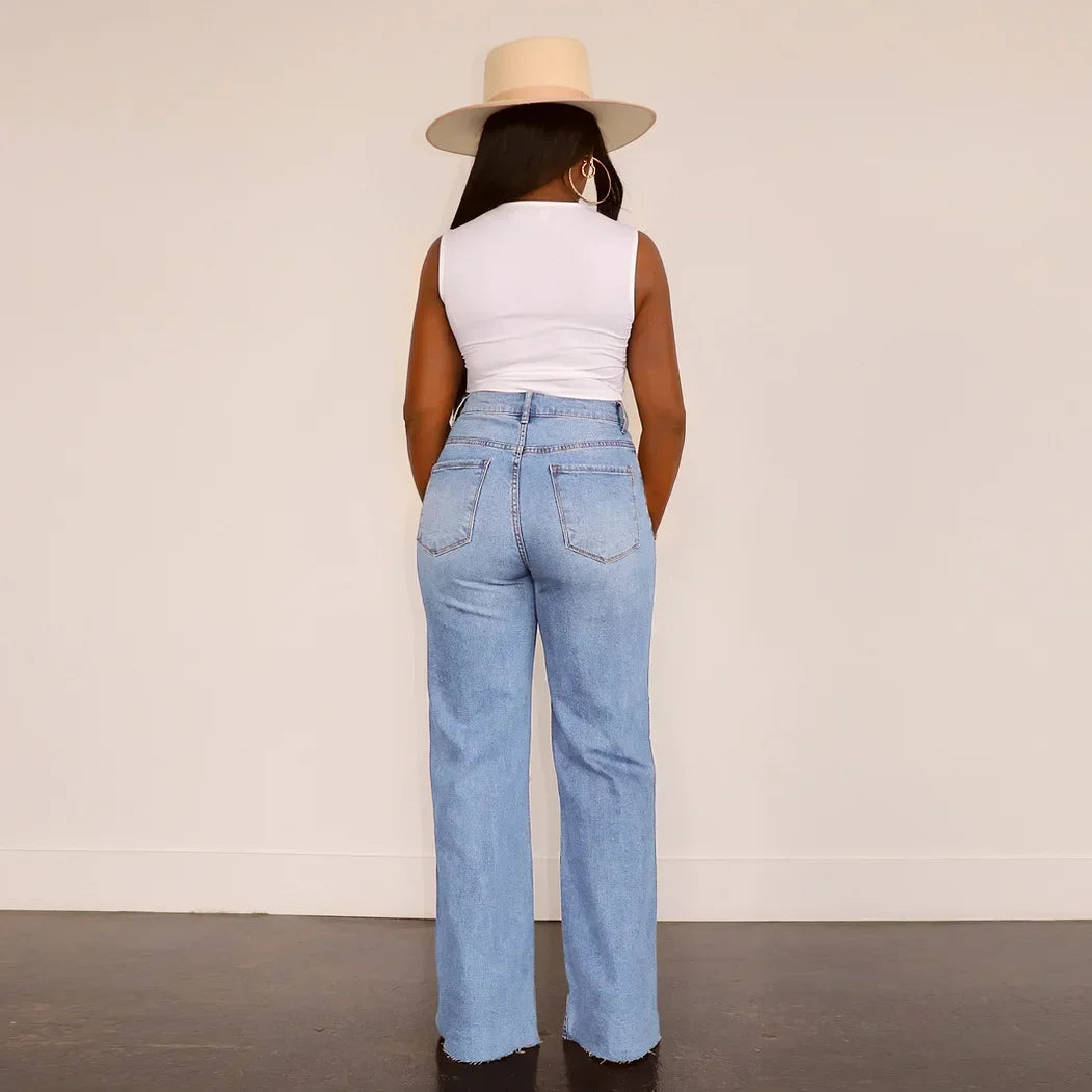 Women Jeans Ankle Length Holes Loose Flat Straight Mom Pants Zipper Fly Pockets Solid Color High Street Slight Strech Denim Aviola