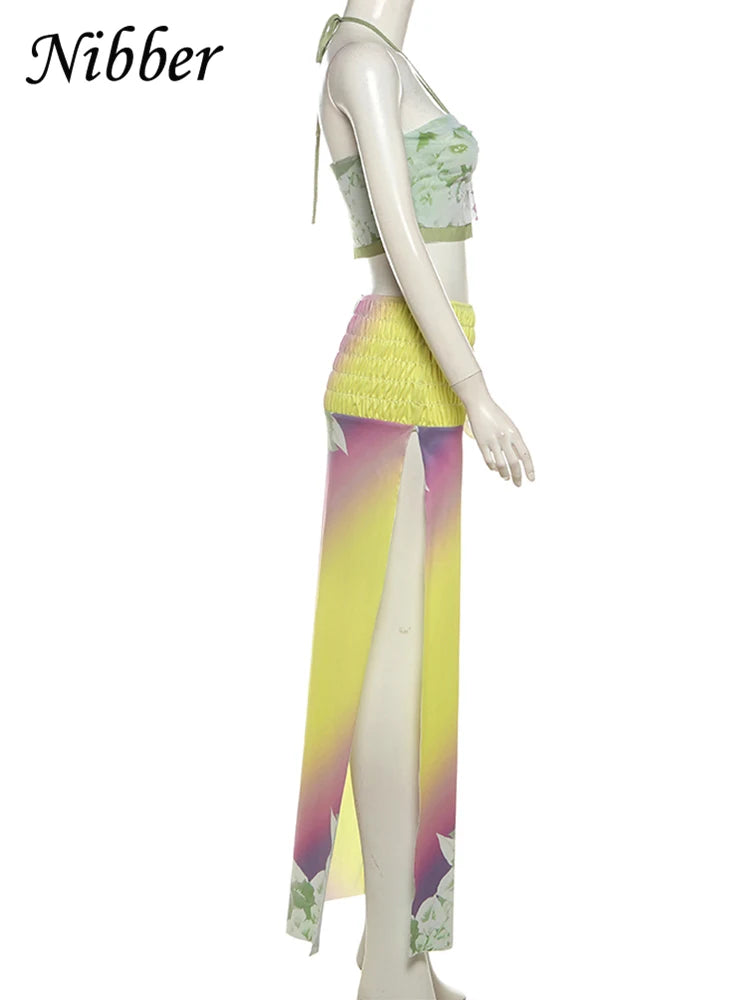 Nibber Gradient Print 2Piece Set Summer Trend Halter Camisole+Ruched Peach Hip Maxi Skirts Matching Club Beach Vacation Suit Aviola