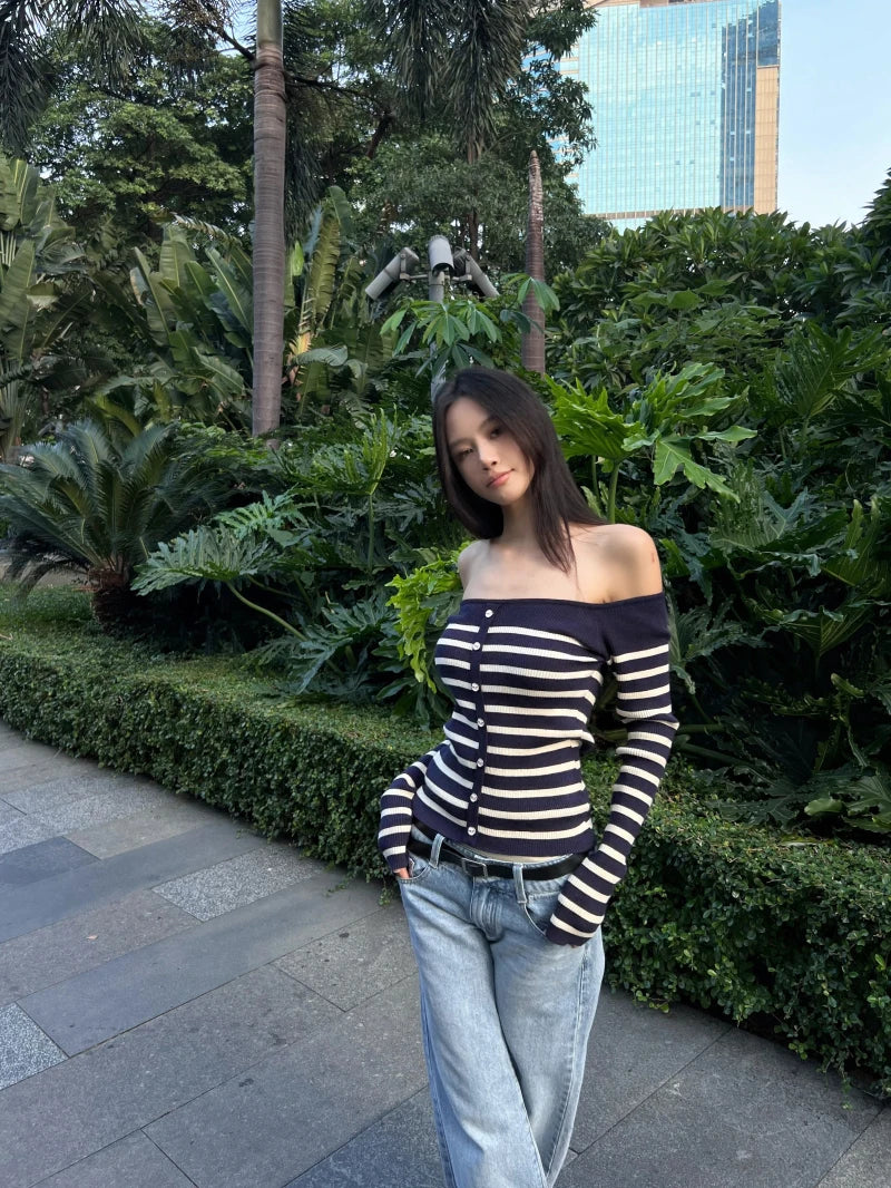 MEXZT Vintage Striped Sweater Women Sexy Cropped Slash Neck Knitted Pullovers Streetwear Korean Knitwears Winter Ladies Jumpers Aviola