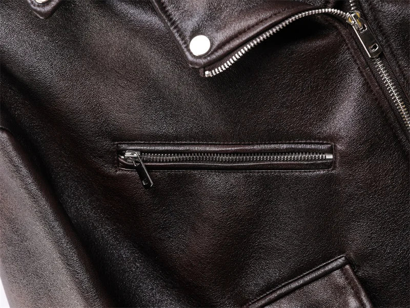 Dark brown Coal graysty le Women's washed leather jacket with belt, short coat with downgraded zipper and vintage lapel jacket Aviola