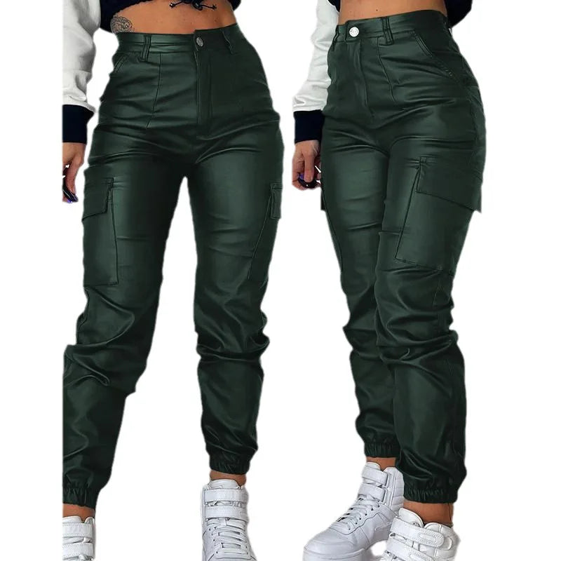 2023 Women Leather Pants Pencil Multiple Pockets Tight Pu Pants Solid Color Button Classic Leather Slim Trousers Female Autumn Aviola