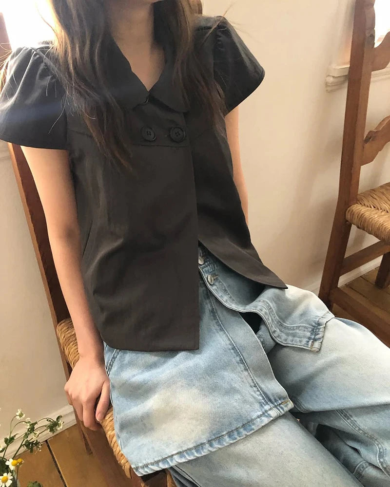 MEXZT Vintage Black Shirts Women Japanese Harajuku White Cropped Puff Short Sleeve Blouses Summer Korean Casual Design Tops New Aviola