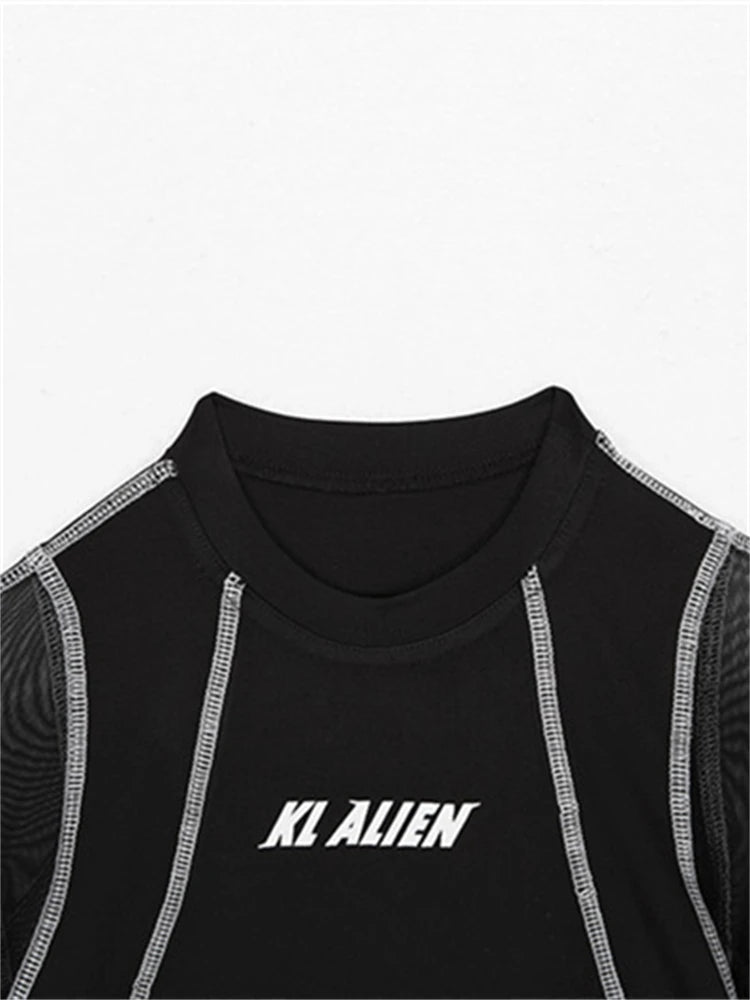 Nibber Mesh Patchwork Letter Print Bodysuits Women Full Sleeve Turtleneck Biker New Fashion Female Top Street Casual Rompers Aviola