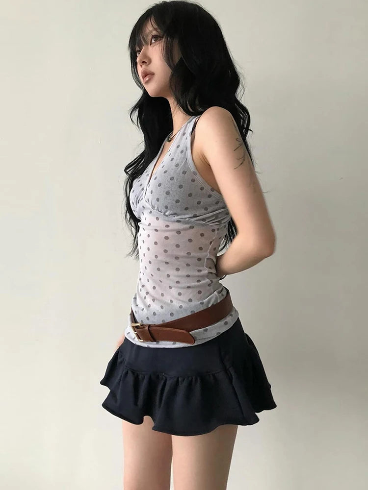 Nibber See Through Vests Women v-Neck Halter Bandage Backless Polka Dot Print Street Sexy Daily Skinny Fashion Hot Chick Tops Aviola