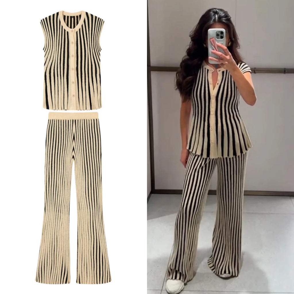 UNIZERA Casual Chic Suit Striped Drop Shoulder Sleeveless Knit Top + High Waist Pants 2025 Summer New Arrivals Women's Clothing Aviola
