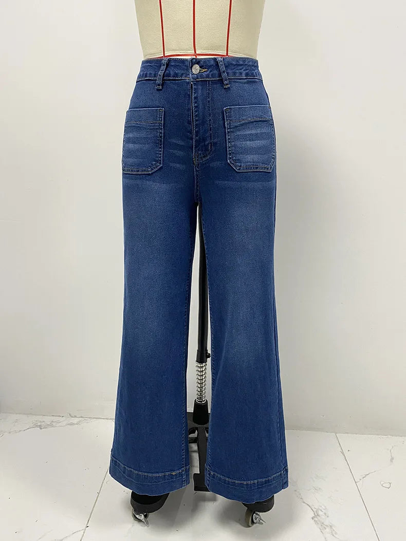 Wide Leg Pants Women Jeans Denim Long Pants Straight Trousers Vintage Button Pocket Blue Simple Loose Y2k High Waist Streetwear Aviola