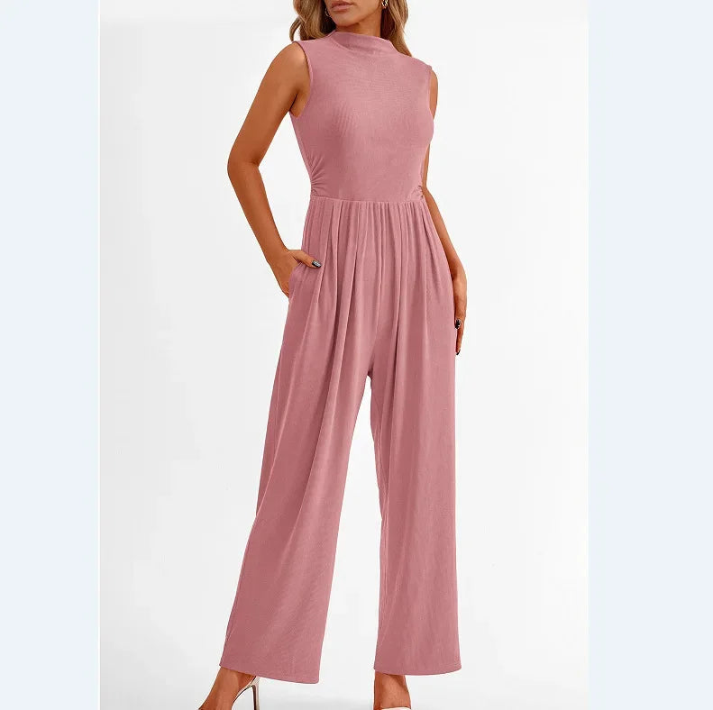 Women Jumpsuits One Piece O Neck Sleeveless Rompers Overalls Solid Wide Leg Pants Pockets High Waist Ankle Length Basics 2025 Aviola