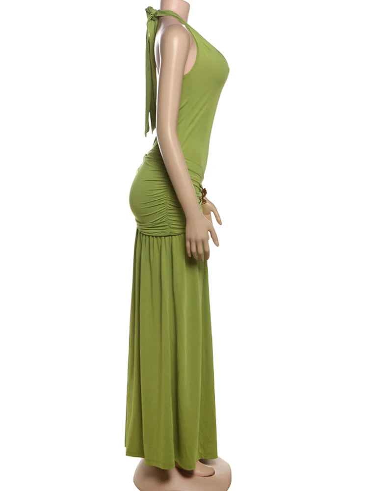 Nibber Halter Maxi Dress Women Bandage Backless High-Side Splits Low-Neck Sleeveless Metal Trim Folds Fit Temperament Vestidos Aviola