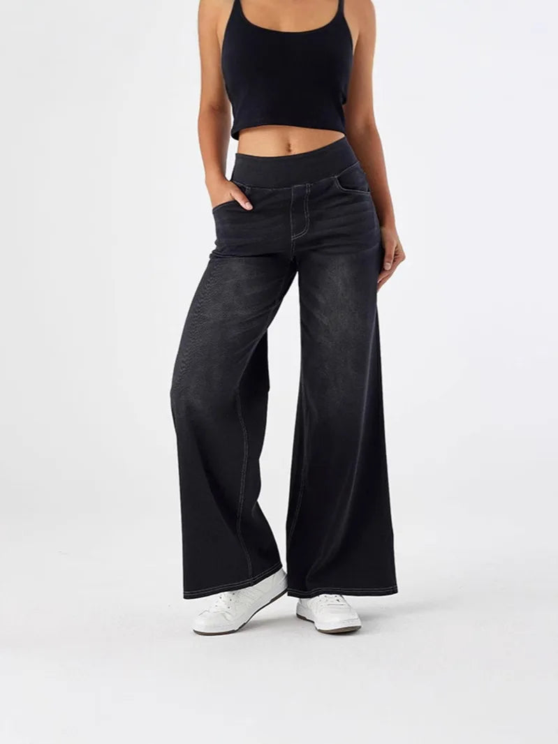 Women Jeans Denim Pant Wide Leg Long Pants Y2k Streetwear Elastic Waist Straight Trousers Elegant Mom Jeans Temperament Casual Aviola
