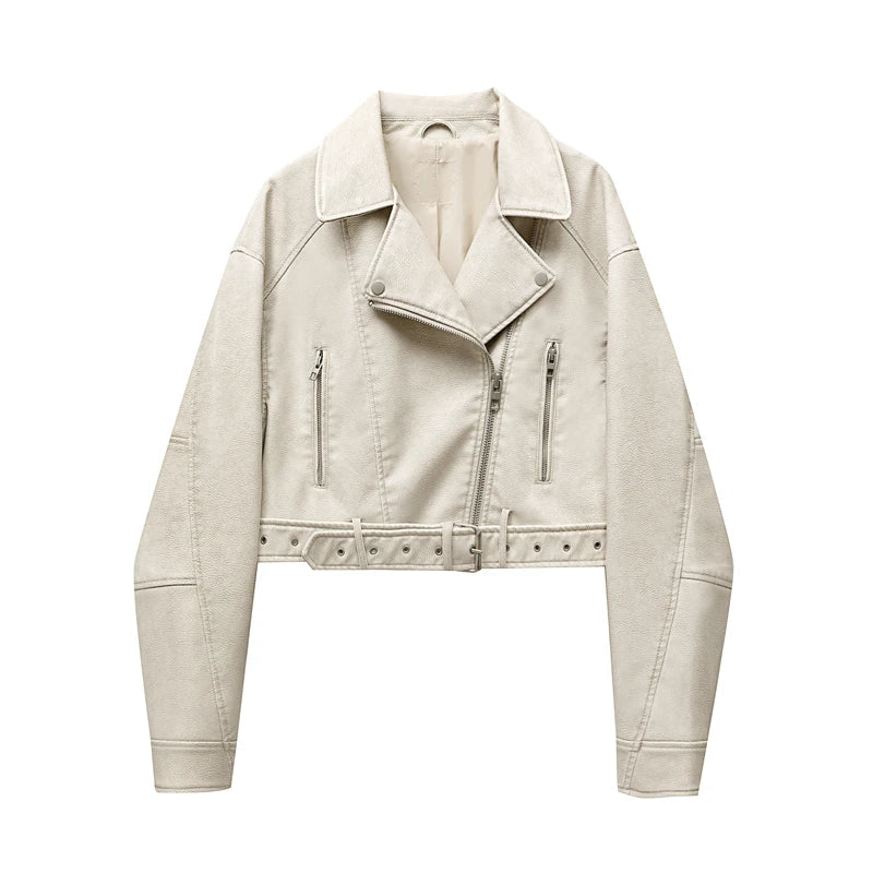 Chaqueta de cuero lavado con cinturón para mujer, abrigo corto con cremallera degradada y cuello vuelto Vintage, chaqueta elegan Aviola
