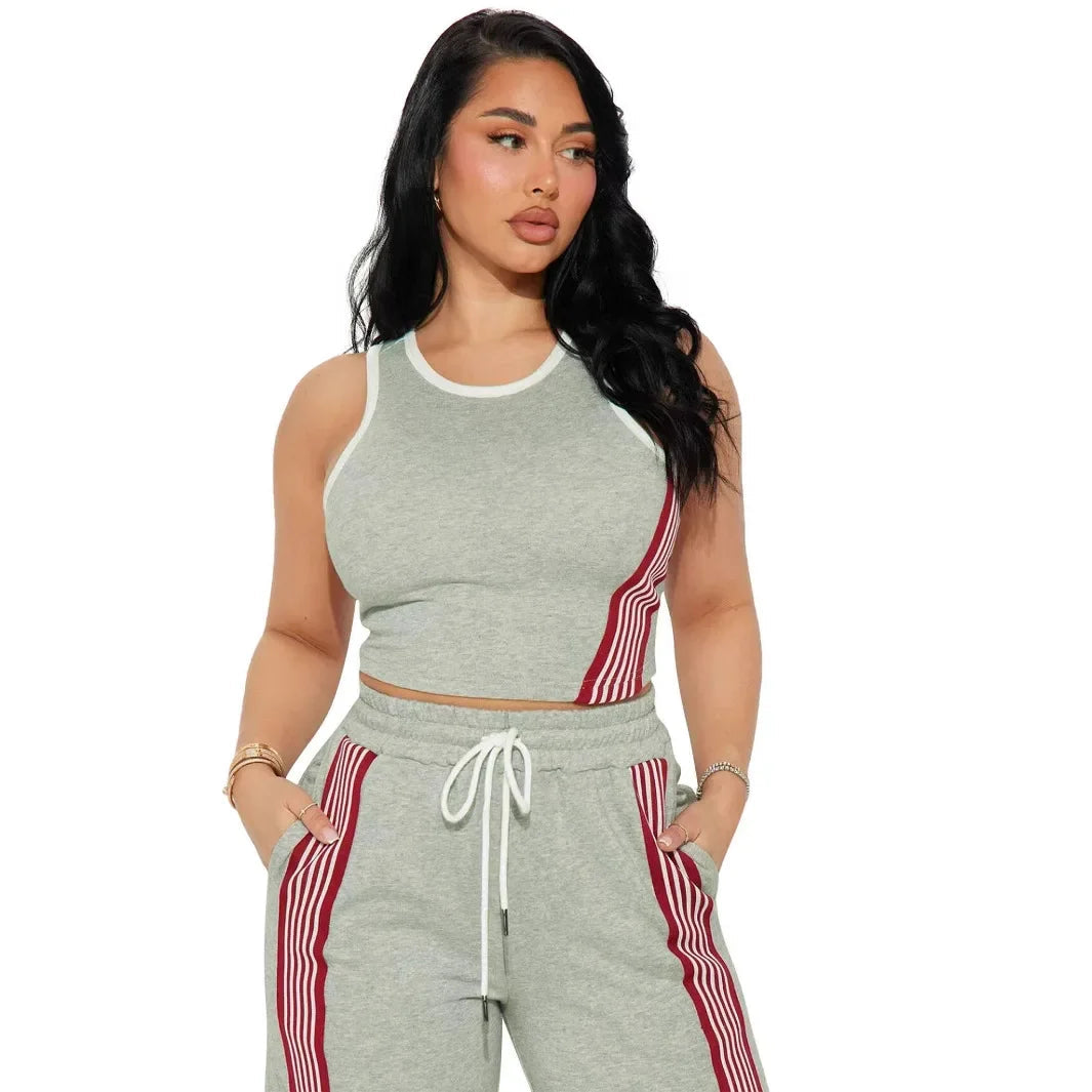 Two Piece Sets Women Sports Suit Vest Top Wide Leg Pants Striped Elastic Waist Matching Sets Trousers Sportswear 2025 Tracksuit Aviola