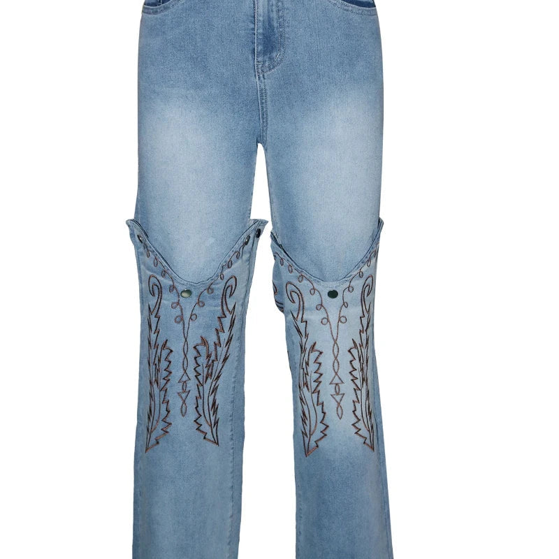 Denim Pant Women Jeans Wide Leg Long Pants High Waist Straight Trousers Y2k Streetwear Embroidery Splice Mom Jeans Party Club Aviola
